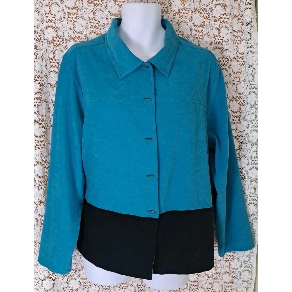 Apparenza Jacket 22W Turquoise & Black Faux Suede Button Front 1990s Vintage
